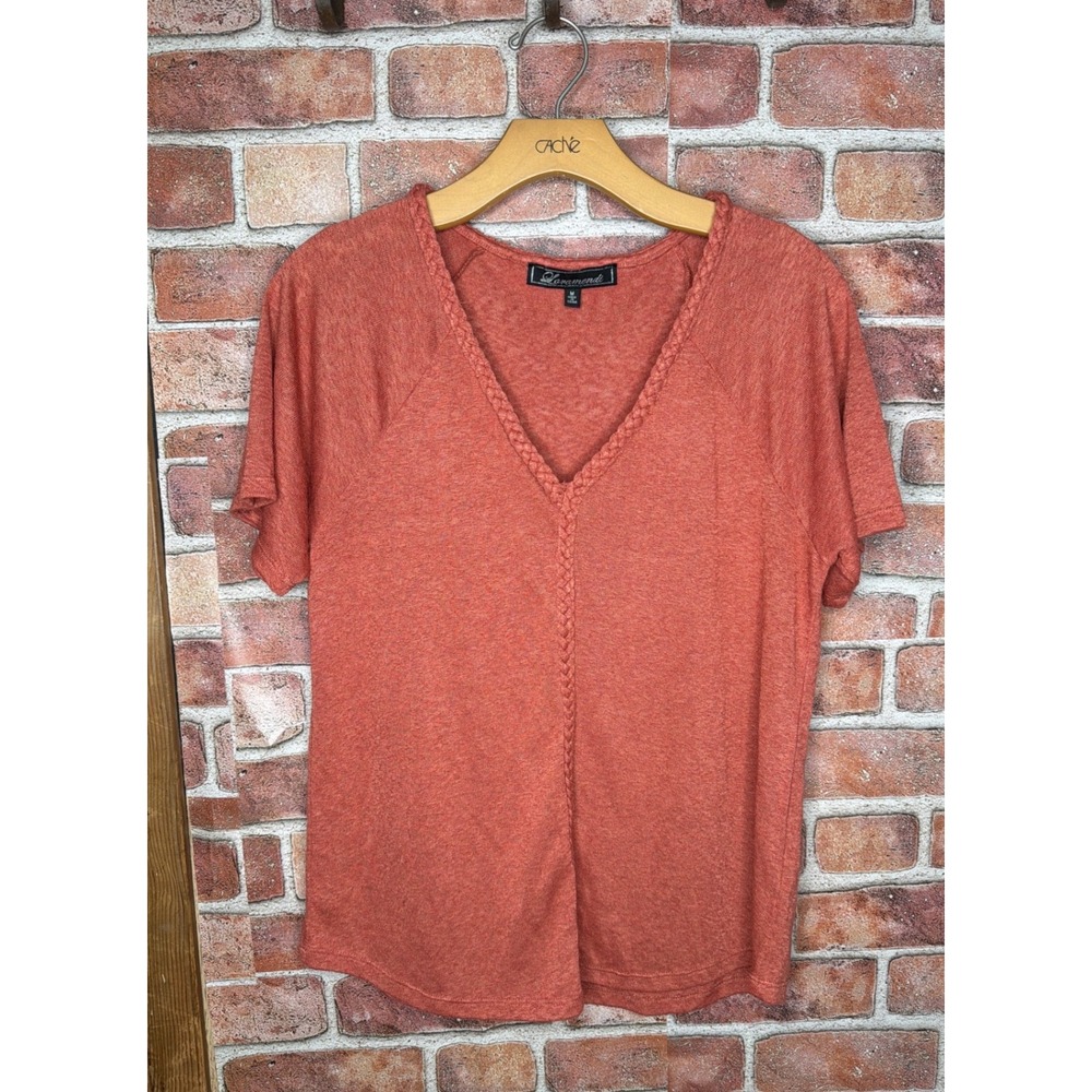 Loramendi Womens Medium Terracotta Orange V-Neck Braided Trim Knit Top Blouse M